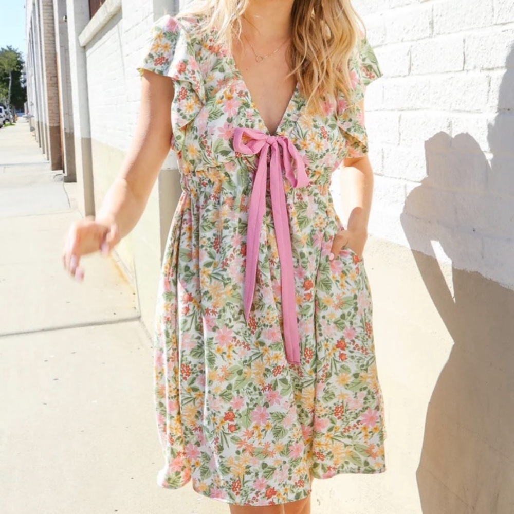 Haptics Brand New Floral Summer Dress with Pink Accents